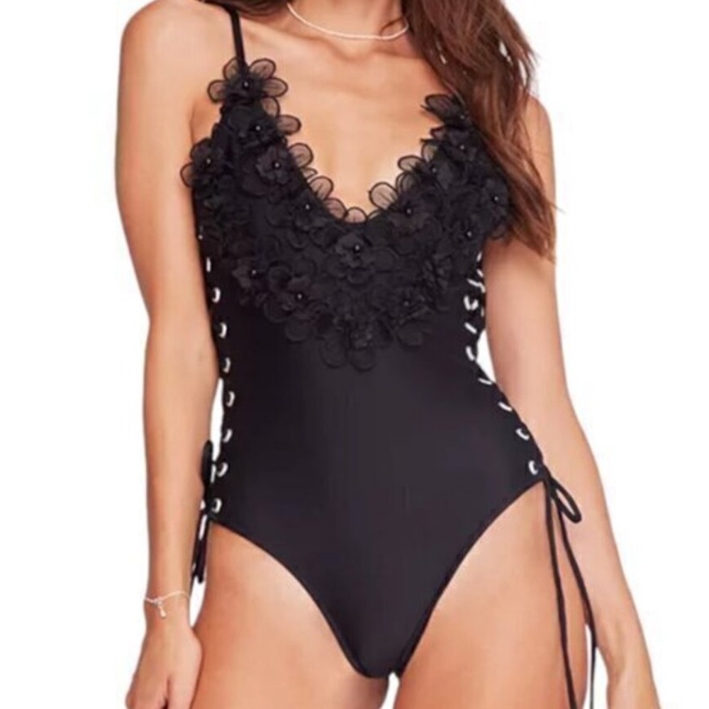 Capittana Black Floral Lace V-Neck One-Piece Swimsuit